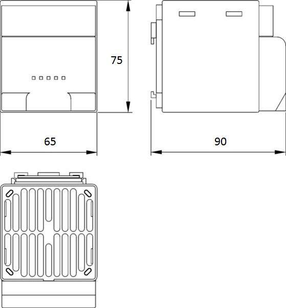 Dimension drawing for heater fan CS028 150 W with screw mounting, showing dimensions and design