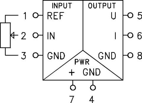 Technical illustration of a circuit with inputs and outputs, including REF, IN, U and I.
