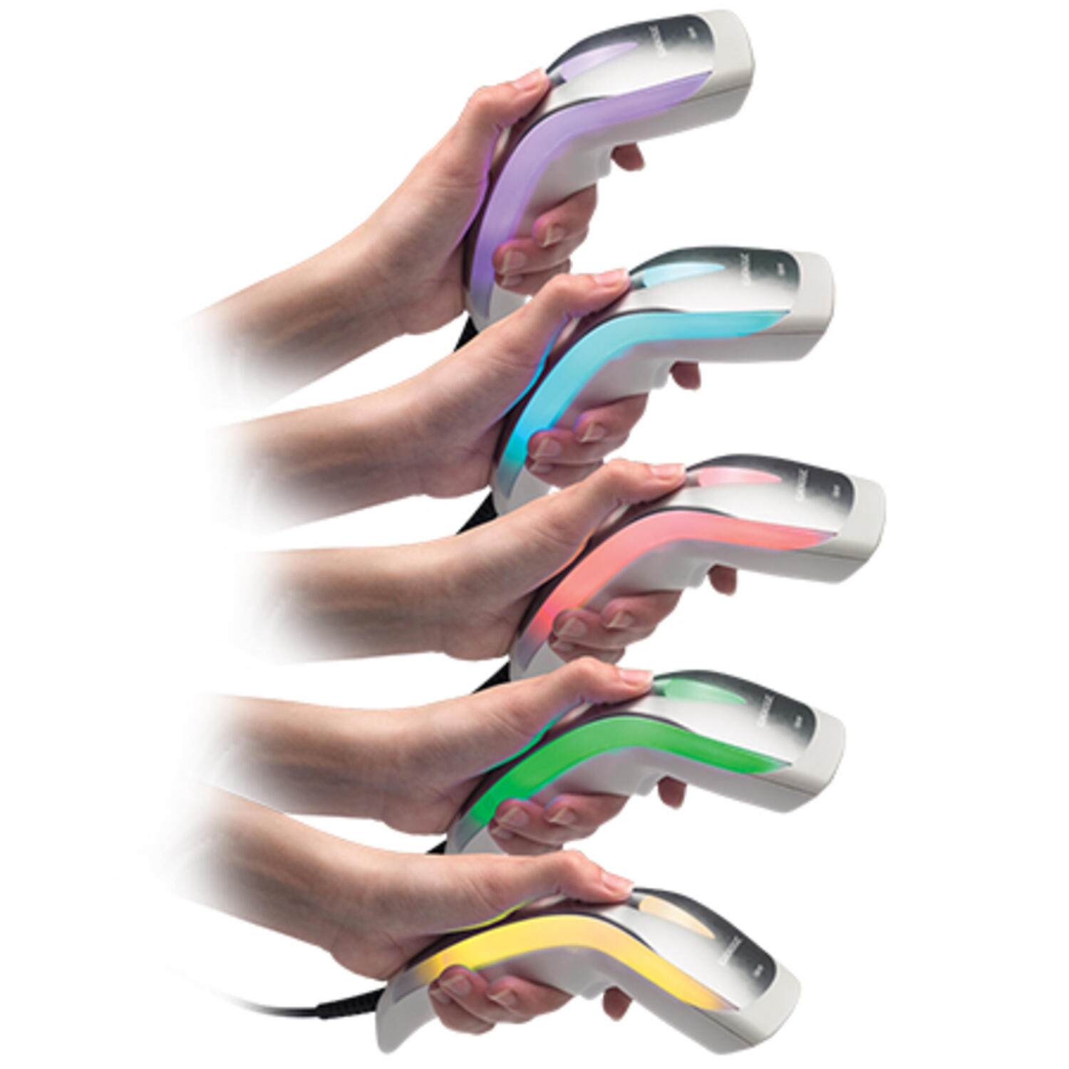 Datalogic 5 Heron HD3100 white handheld barcode scanners with different light colours