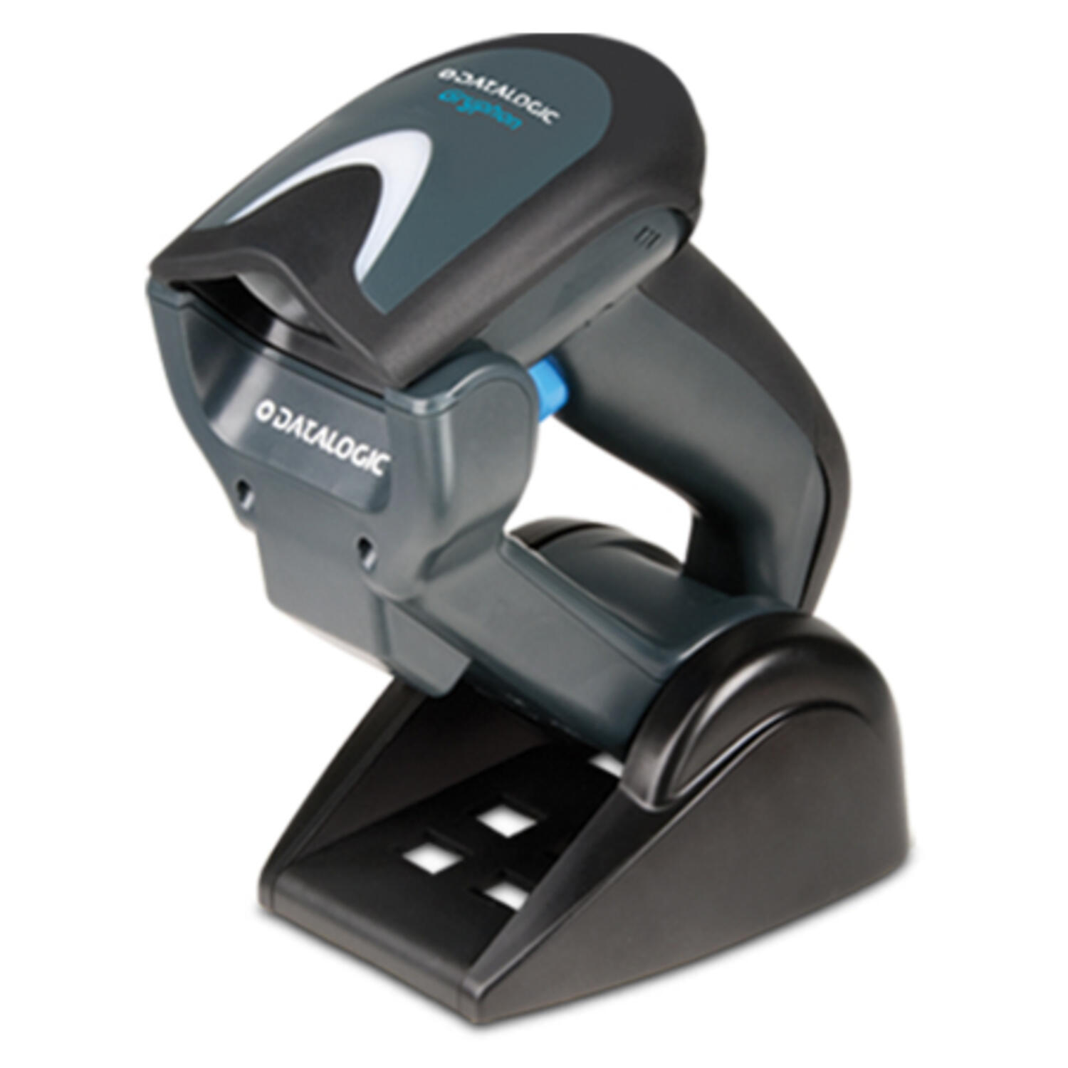 Datalogic GM4400 black handheld barcode scanner on a stand