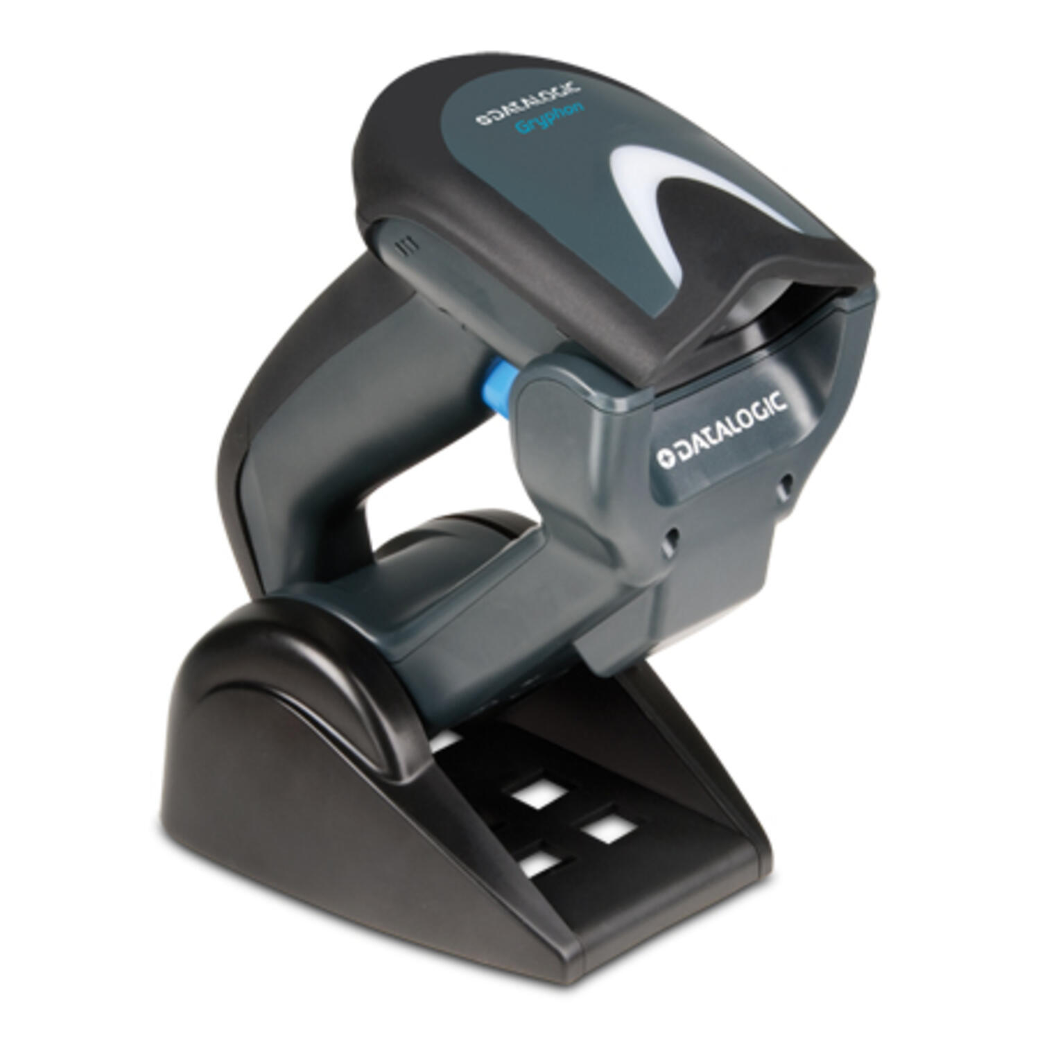 Datalogic GM4400 black handheld barcode scanner on a stand