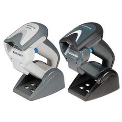 Datalogic Gryphon GBT4400 Black and white handheld barcode scanners with stands