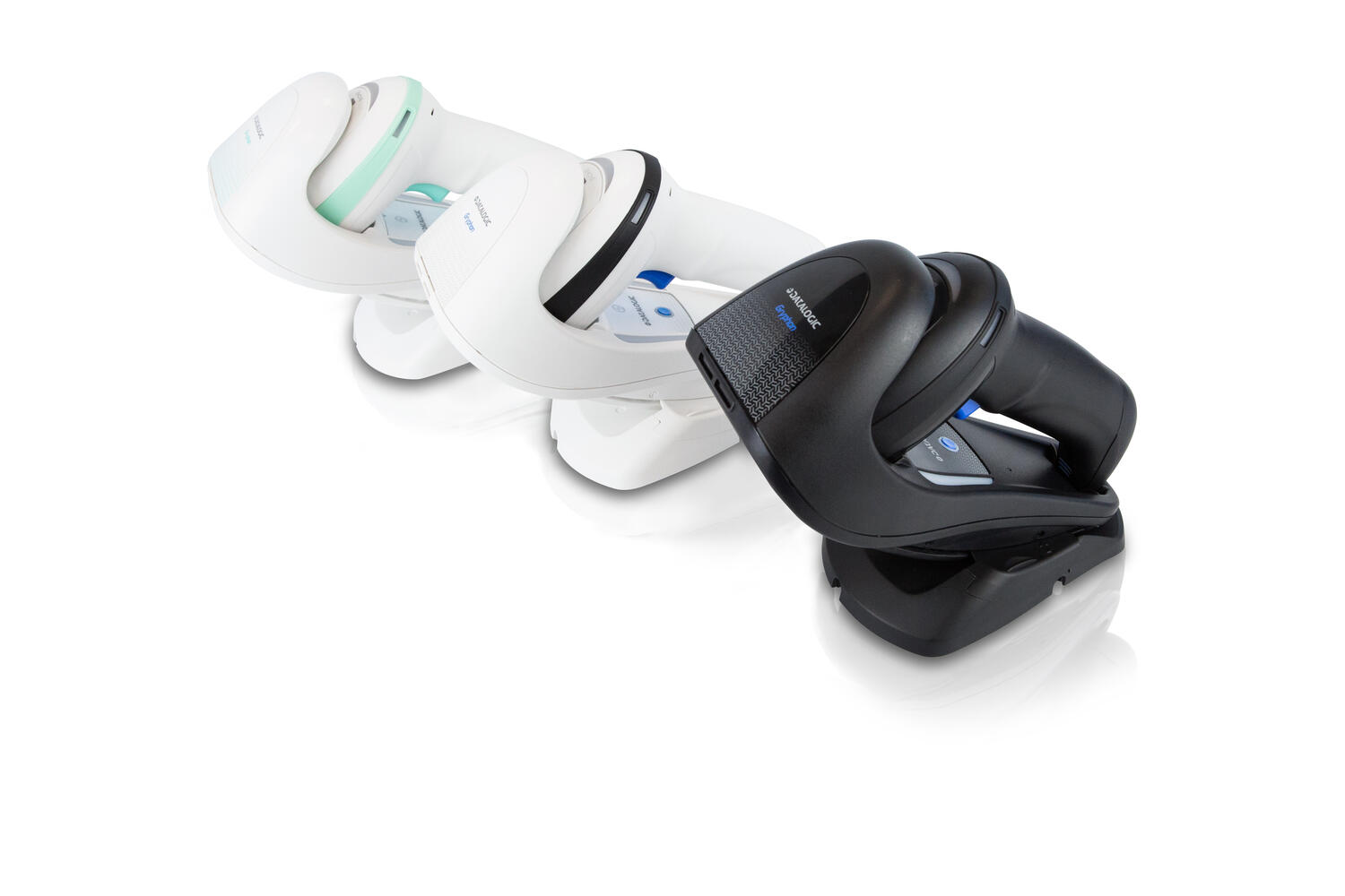 Datalogic Gryphon GD4500 cordless black and white handheld barcode scanners with stand