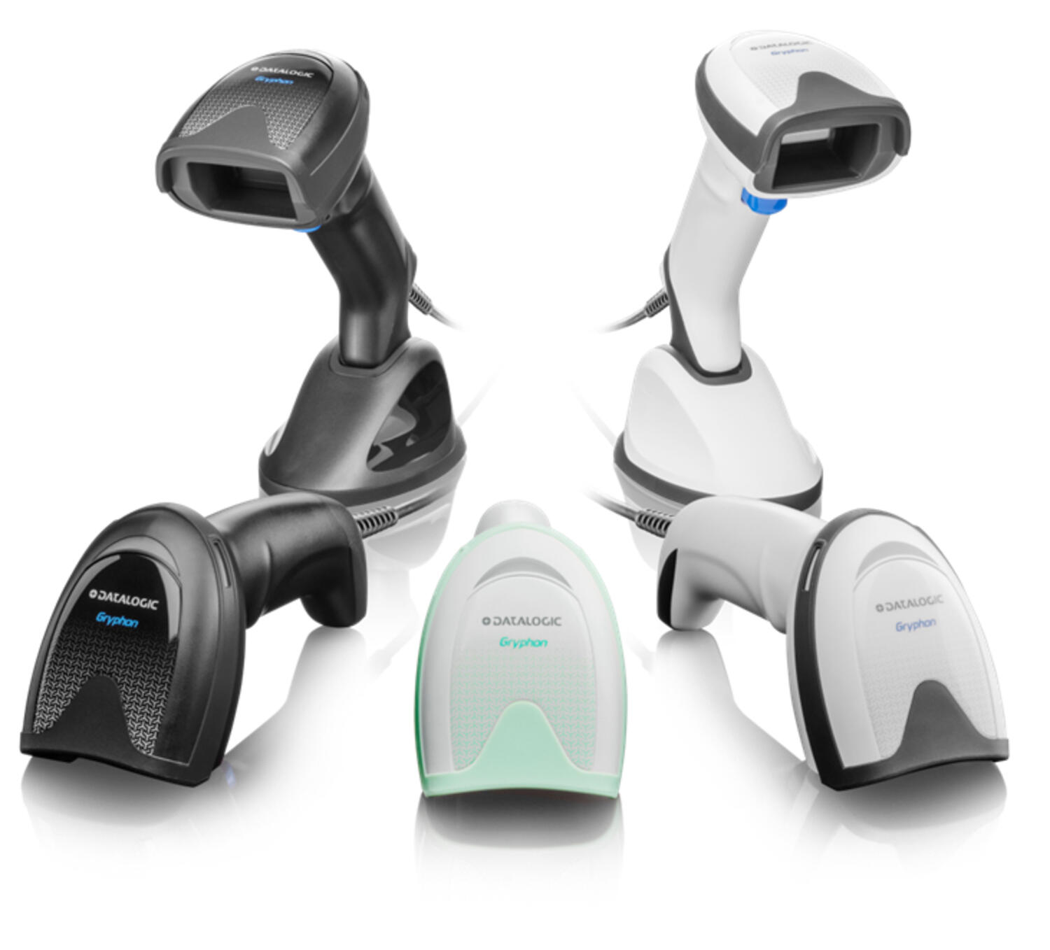 Datalogic Gryphon GD4500 group shot black and white handheld barcode scanners