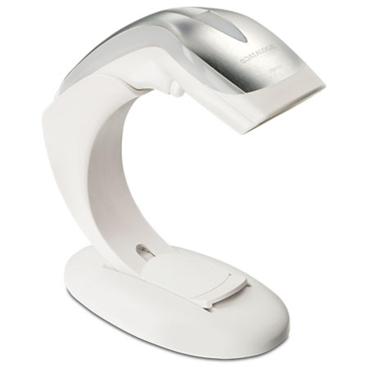 Datalogic Heron HD3100 white handheld barcode scanner on a stand