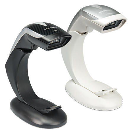 Datalogic Heron HD3430 black and white handheld barcode scanners on a stand