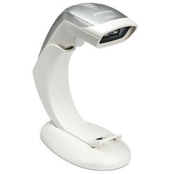 Datalogic Heron HD3430 white handheld barcode scanner on a stand