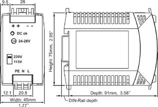 Product image of PULS Measure_ML70.100, a DIN rail power supply with dimensions 75mm x 45mm x 91mm.