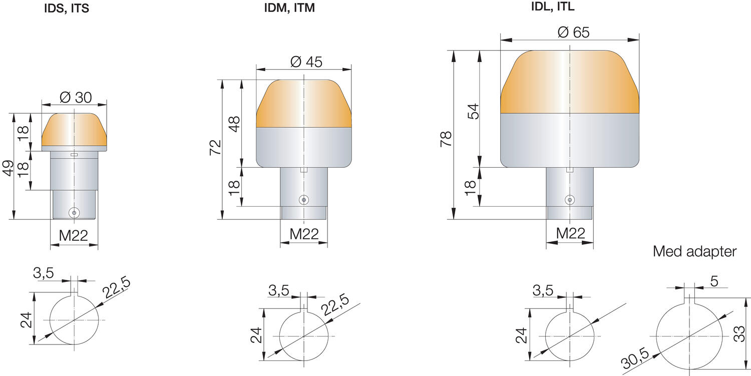 Dimensions to panel mounted warning light
