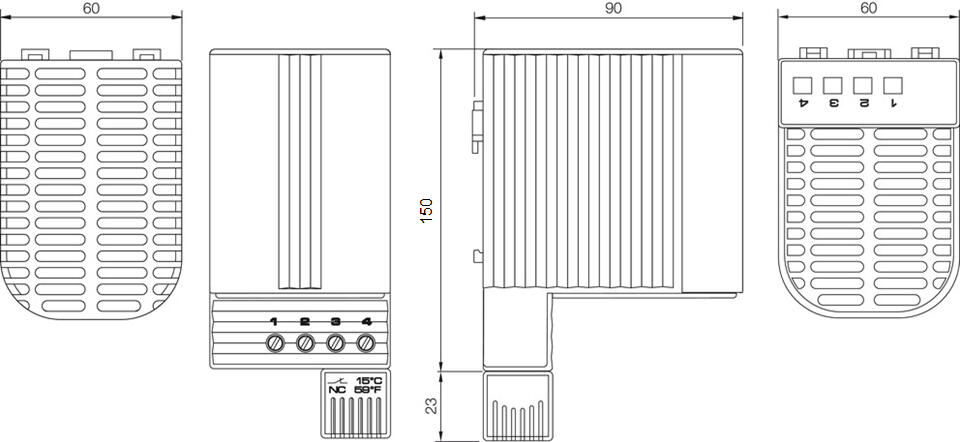 Heater CSF060 150 W with dimension sketch, compact design and four settings