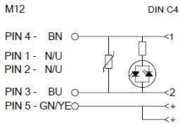 M12 pinout diagram from MOLEX, detailing connections for pins 1 to 5 with colour codes.