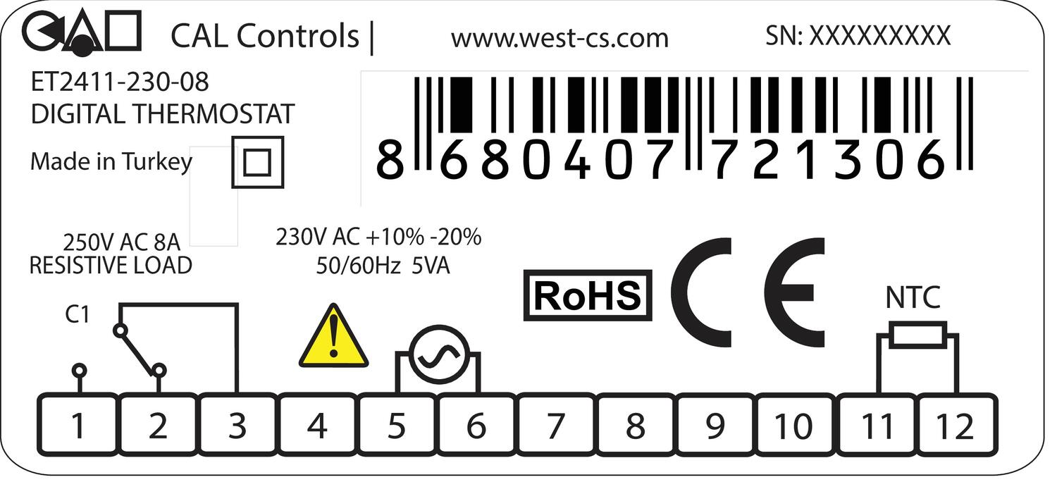 Digital thermostat ET2411-230-08 from CAL Controls, designed for resistive loads up to 8A.