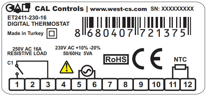 Digital thermostat ET2411-230-16 with specifications for resistive load and electrical connections