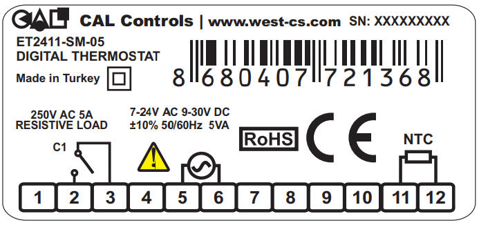 Digital thermostat ET2411-SM-05 with specifications for resistive load and voltage requirements