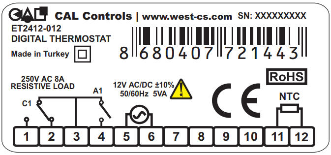 Digital thermostat ET2412-012 with connections and specifications for resistive load