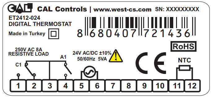 Digital thermostat ET2412-024 with specifications for resistive load and voltage requirements