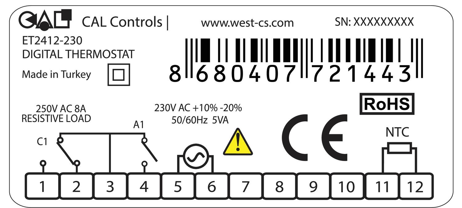 Digital thermostat ET2412-230 from CAL Controls, manufactured in Turkey, with specifications for resistive load.