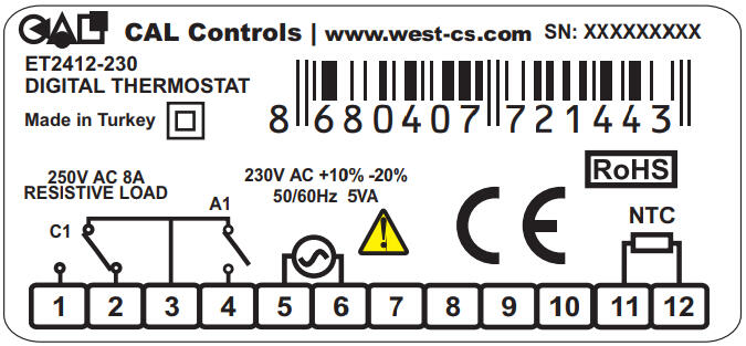 Digital thermostat ET2412-230 from CAL Controls, manufactured in Turkey, with specifications for resistive load and voltage.