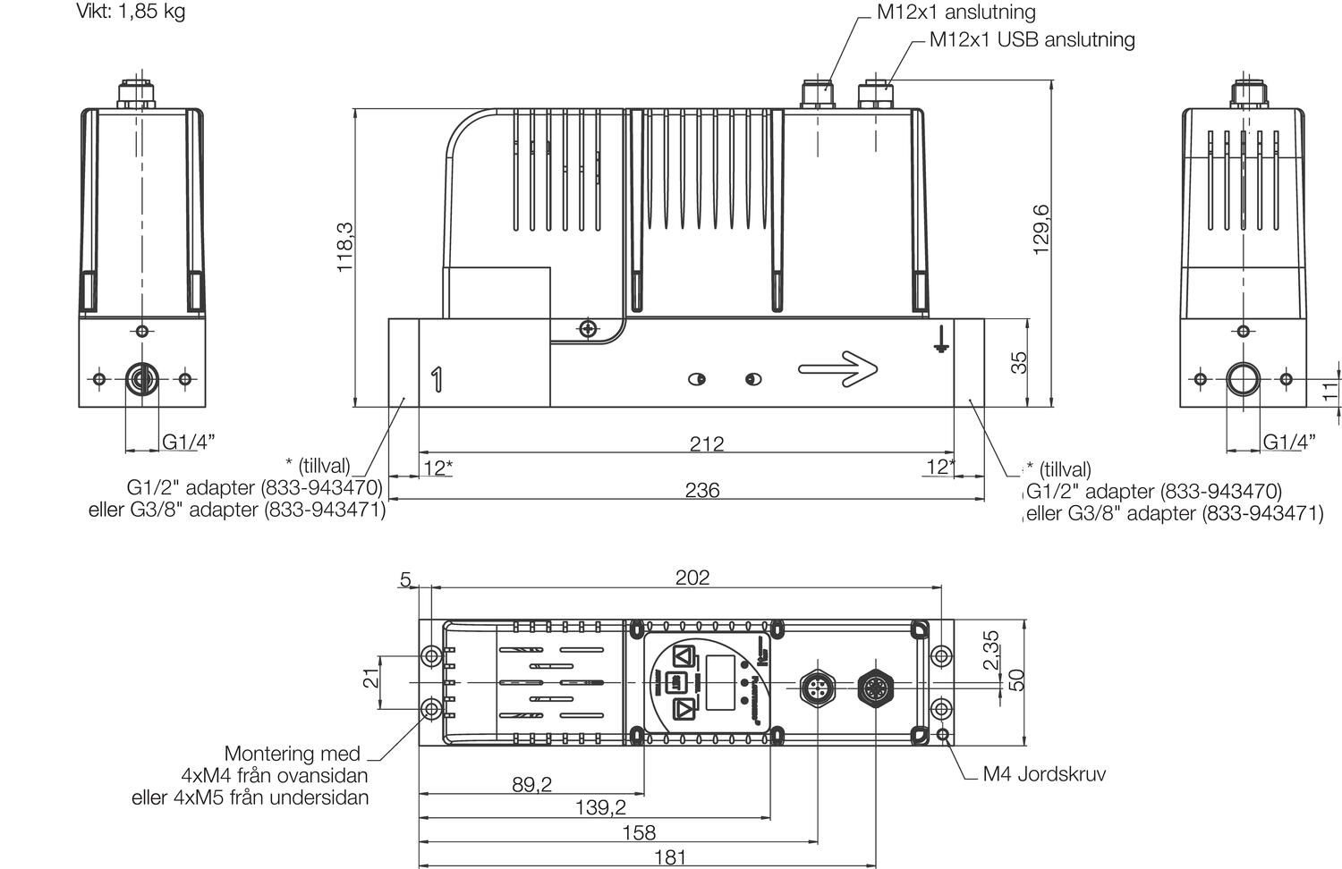 FlowtronicD proportional valve fore flow control, dimension drawing