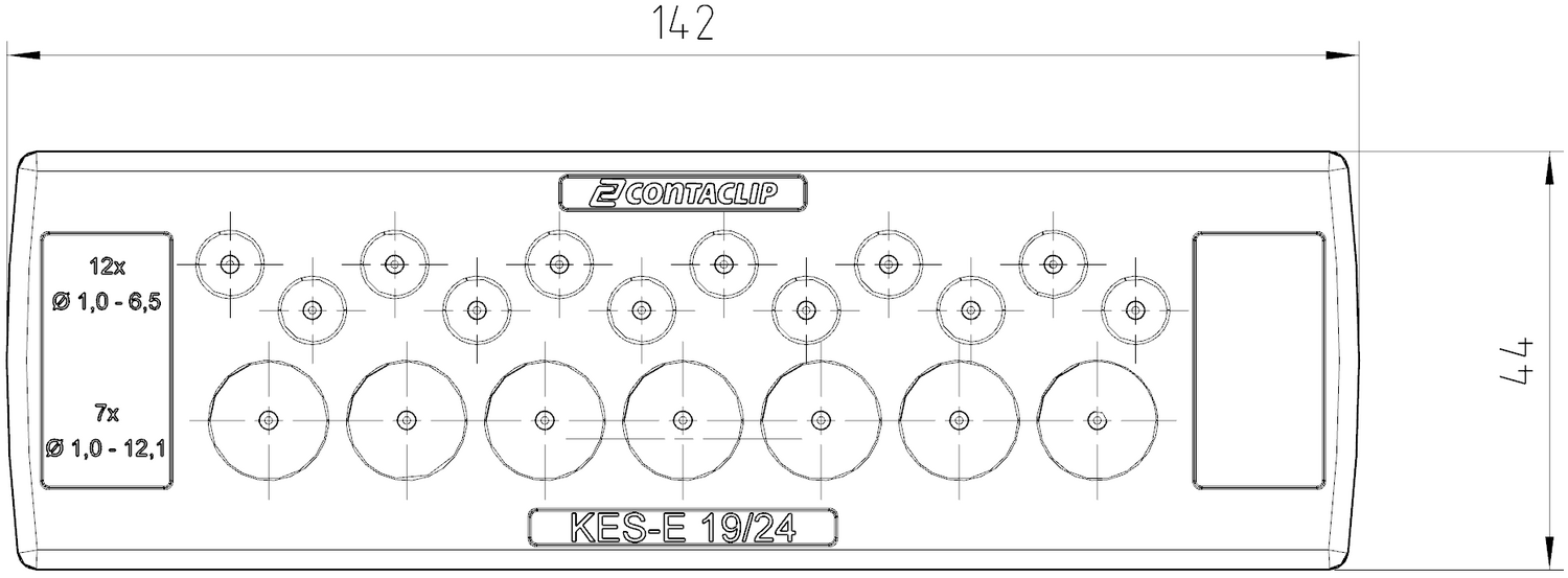 KES-E 19/24 connector from CONTA-CLIP with 12 holes for Ø1.0-6.5 mm and 7 holes for Ø1.0-12.1 mm