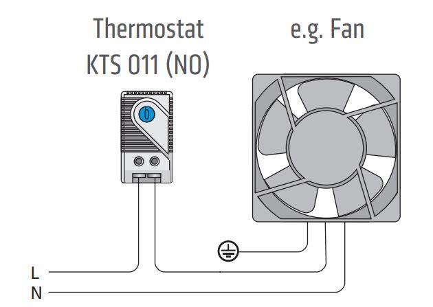 Thermostat KTS 011 with connection to fan, shows electrical connections and functionality.