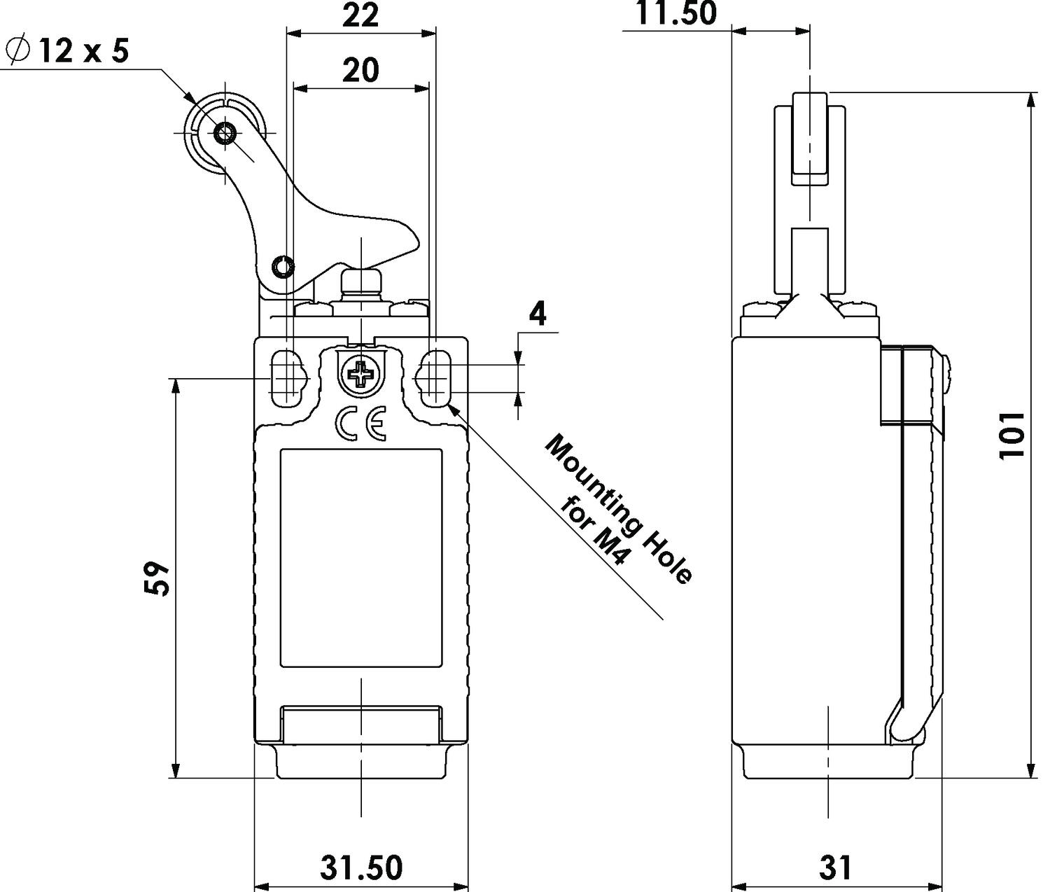 LSPS long hinge handle with dimensions 101x31.5 mm and mounting holes for M4