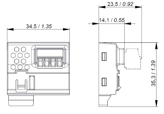Dimension drawing of em4 modbus from Crouzet Automation with detailed dimensions and connections