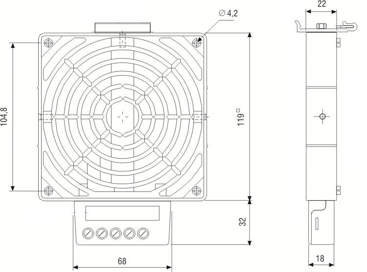 Dimension drawing for heater HV031 without fan, power 200-400 W, with detailed dimensions and connections