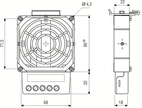 Dimension drawing of heater HV031 without fan, 100-150 W, with detailed dimensions and connections