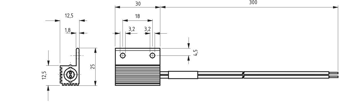 Dimension drawing for heater RC016, 30 mm, with detailed measurements and connections