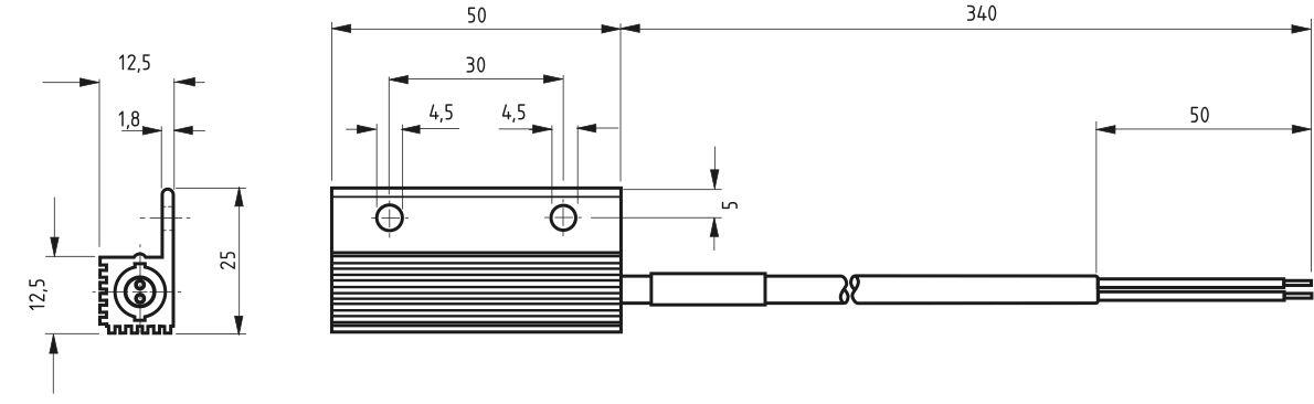 Dimension drawing for heater RC016 with dimensions 50 mm and detailed drawing