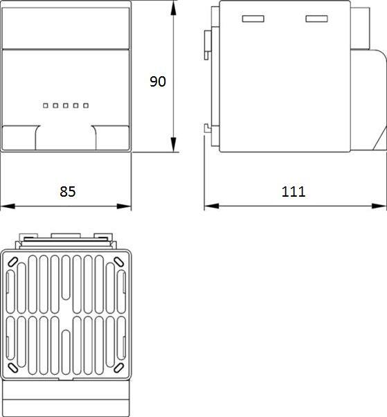 Dimension drawing for heater fan CS028, screw mounting, dimensions 250-400 W