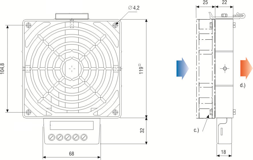 Dimension drawing for heat fan HVL031, 200-400 W, with detailed measurements and design