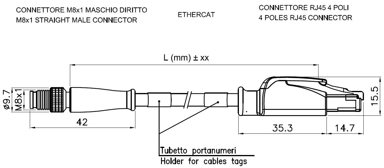 M8x1 straight male connector and RJ45 4-pole connector for industrial use