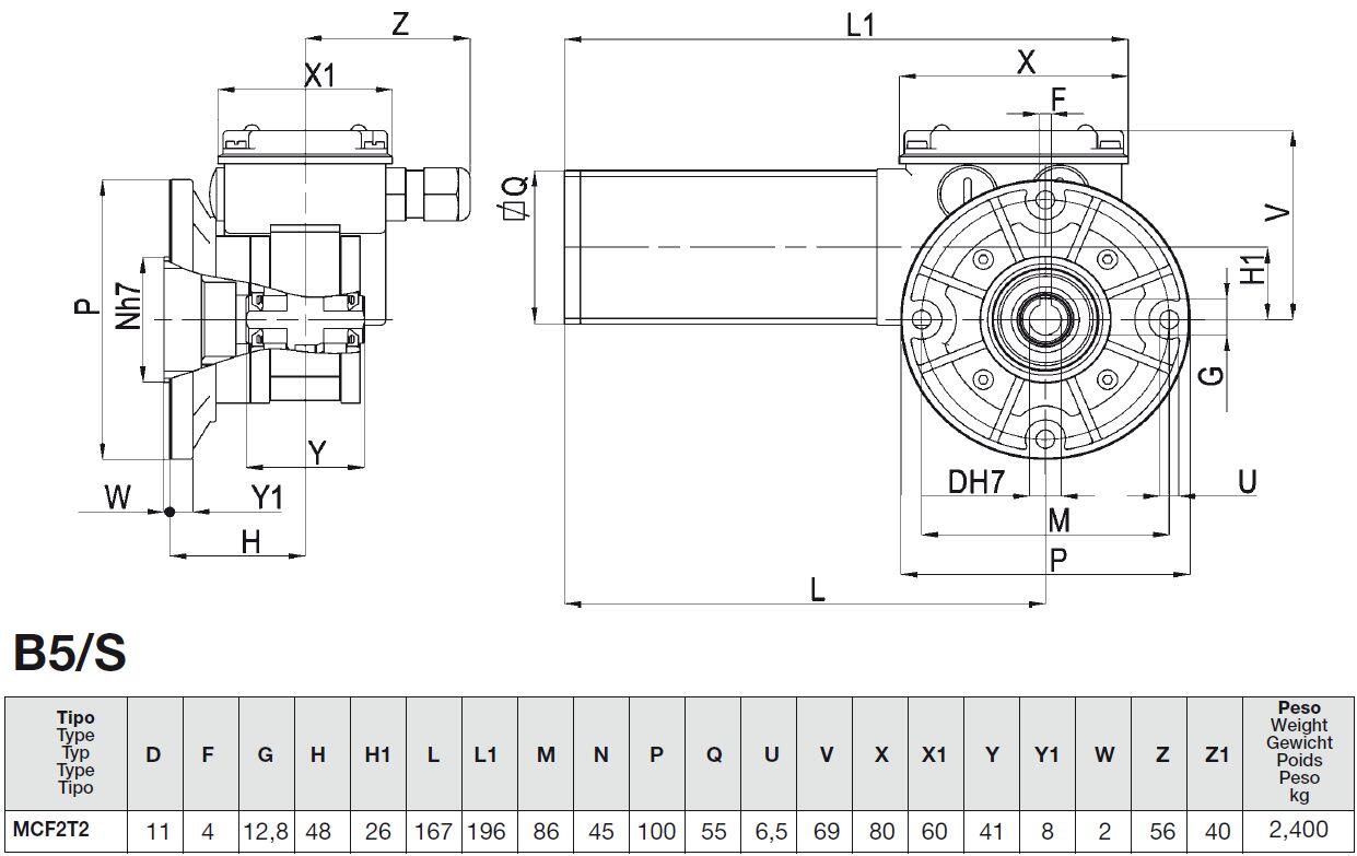 B5/S motor with detailed technical drawing and dimensional specifications