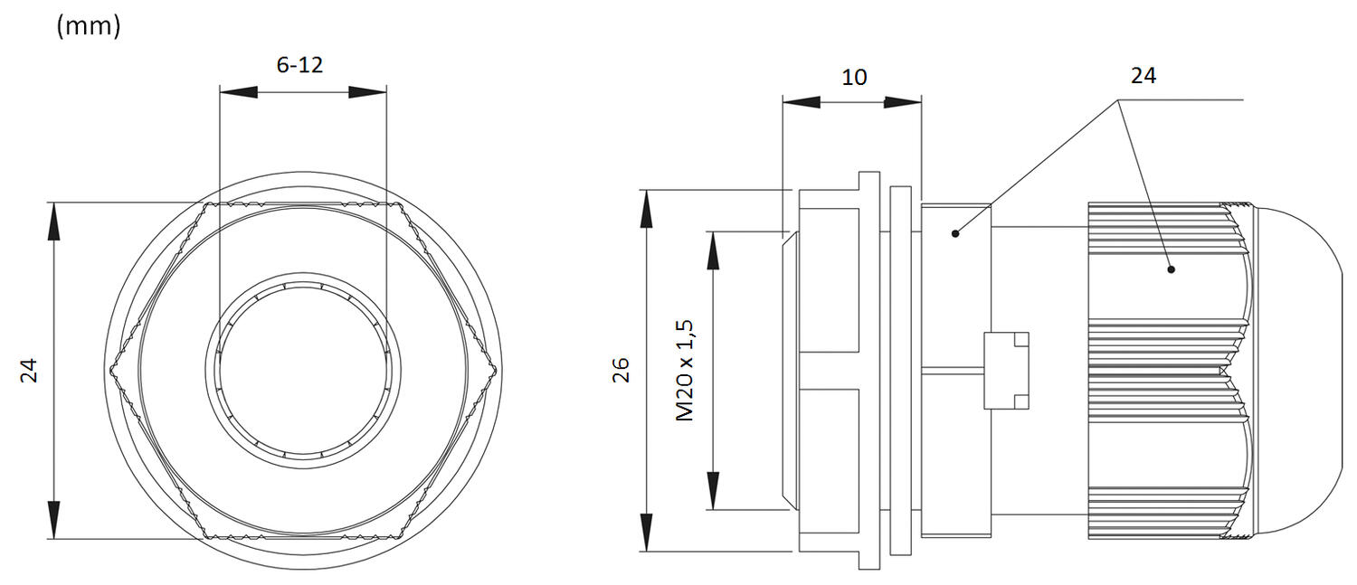 Dimension drawing for cable gland DAK284 with dimensions 24mm and M20 x 1.5