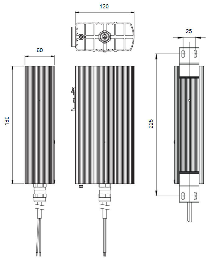 Dimension drawing for STEGO CREX020 T3 150 W with dimensions 180x120x225 mm