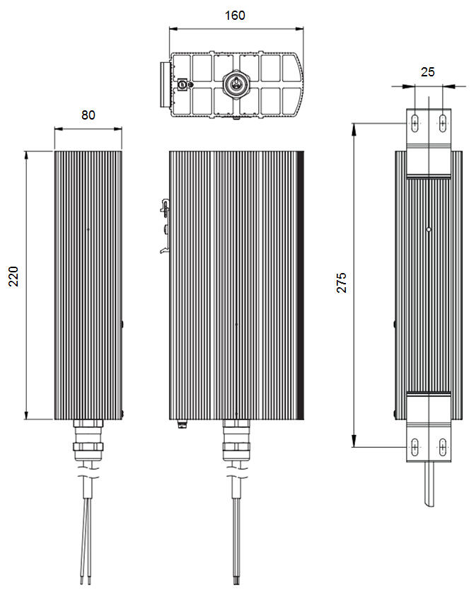 Dimension drawing for CREX020 T4 150 W with dimensions 220x160x275 mm, designed for efficient use