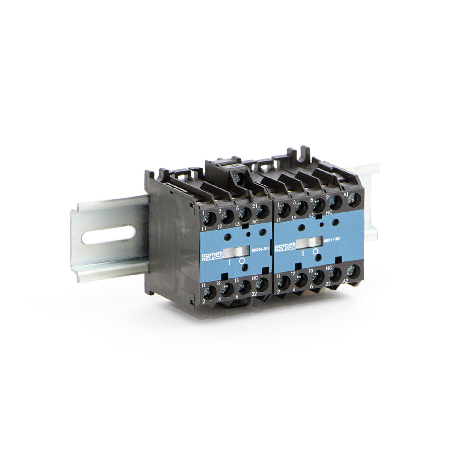 Miniature ComatReleco contactor on a peice of DIN rail 