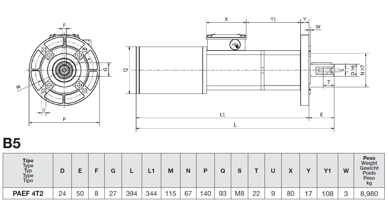 B5 motor with detailed dimensions and specifications for technical use