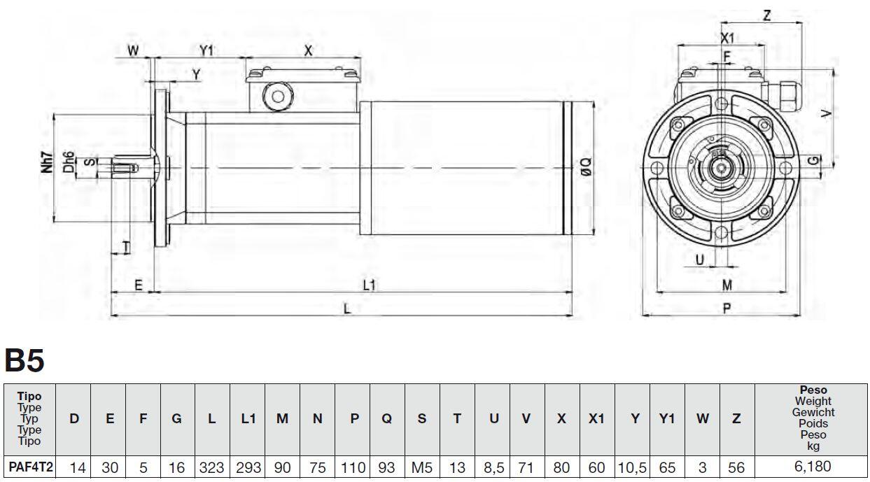 B5 motor with detailed technical drawing and dimensional specifications