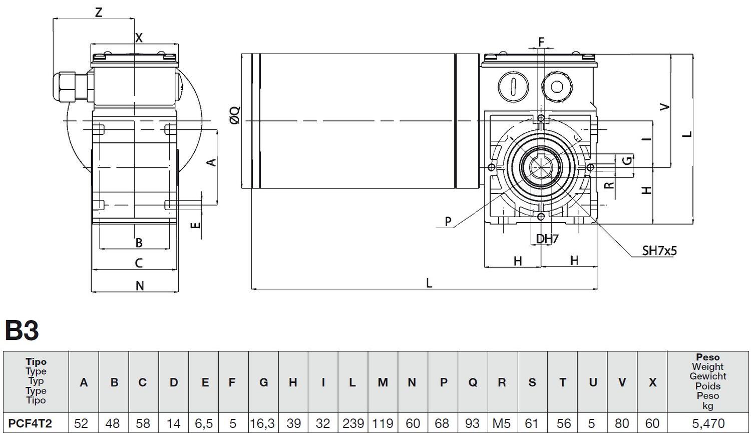 B3 model of an industrial motor with detailed dimensions and specifications