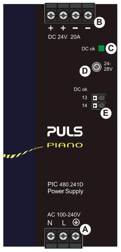 PULS PIC 480.241D power supply with DC 24V 20A and AC 100-240V connections