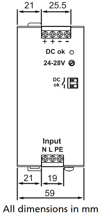 Drawing of PULS PIC480_241D with dimensions and connections for 24-28V DC