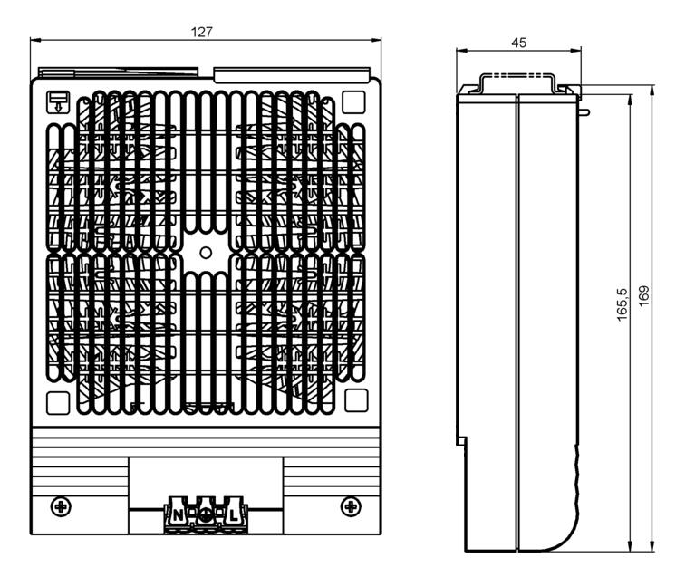 Heat fan HVI030 without fan, dimension drawing with screw and DIN mounting, power 500-700 W
