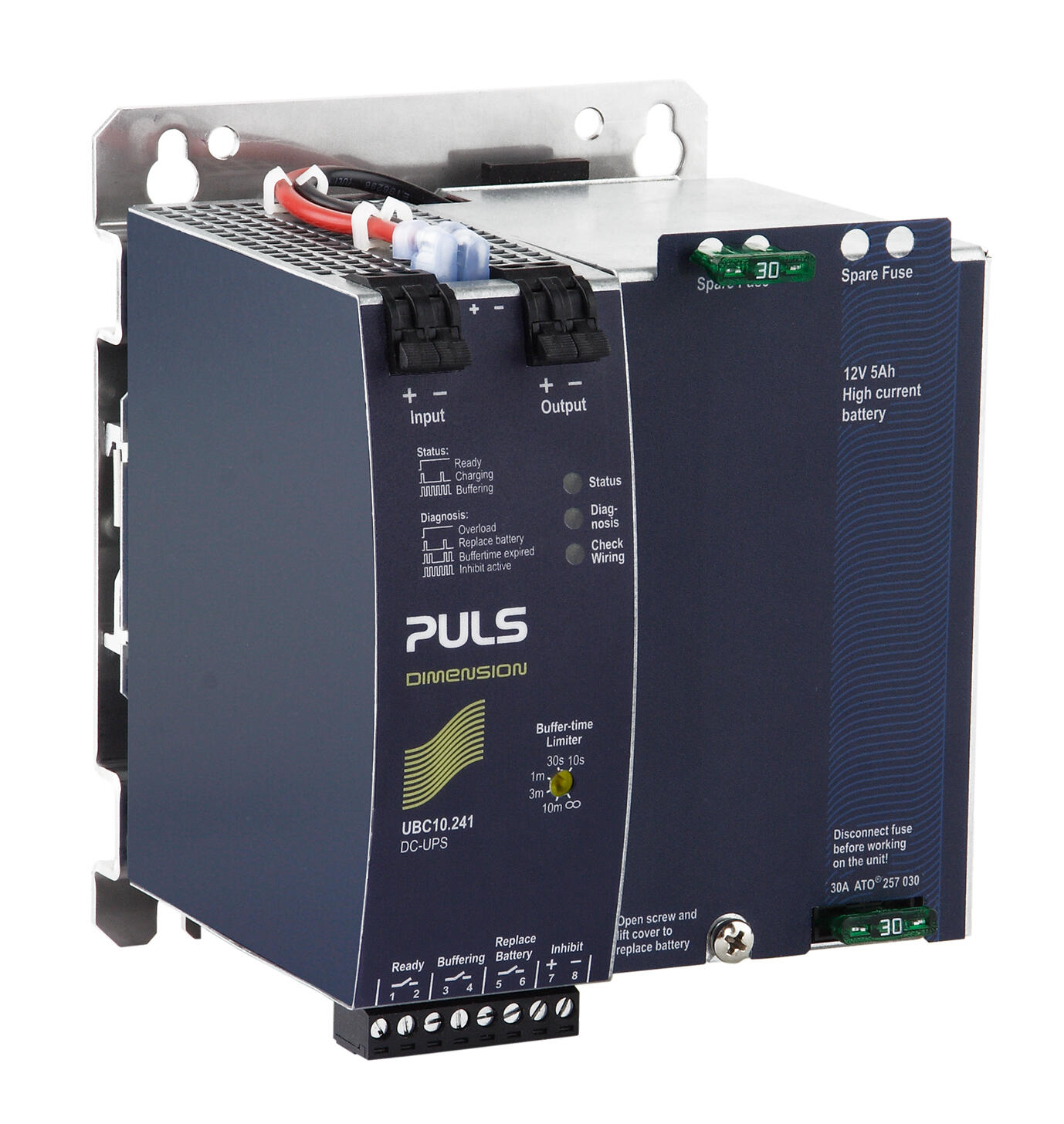 DC-UPS from PULS, model UBC10.241, with inputs and outputs as well as status indicators.