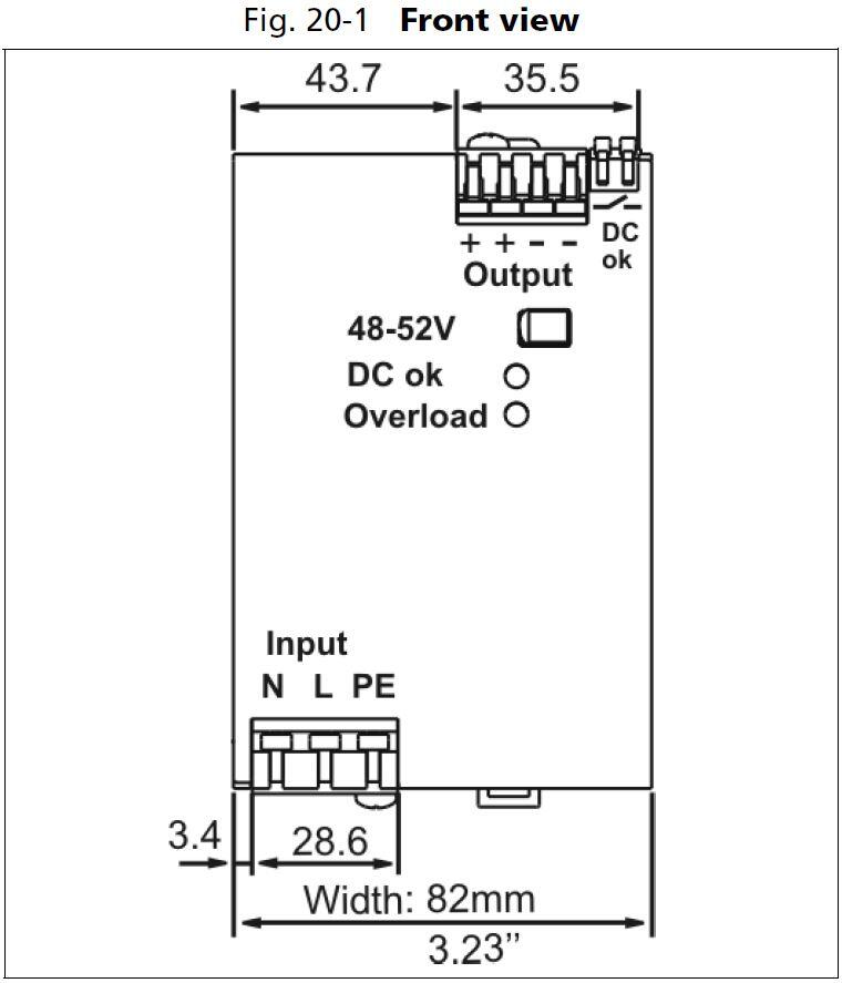 Front view of PULS QS20E481, a power supply with 48-52V output and indicators for DC and overload.