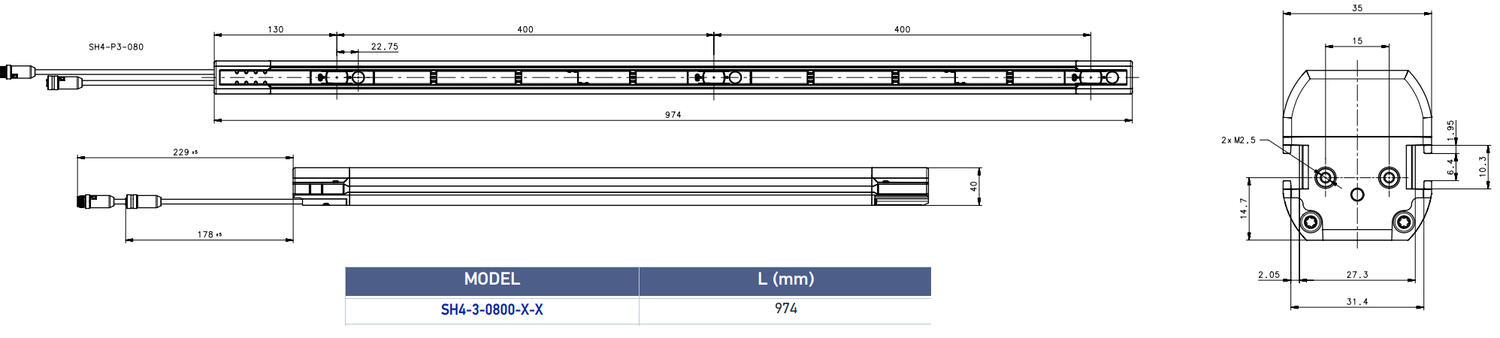 SH4-3-800 linear unit with dimensions and connections, ideal for automation and industrial applications