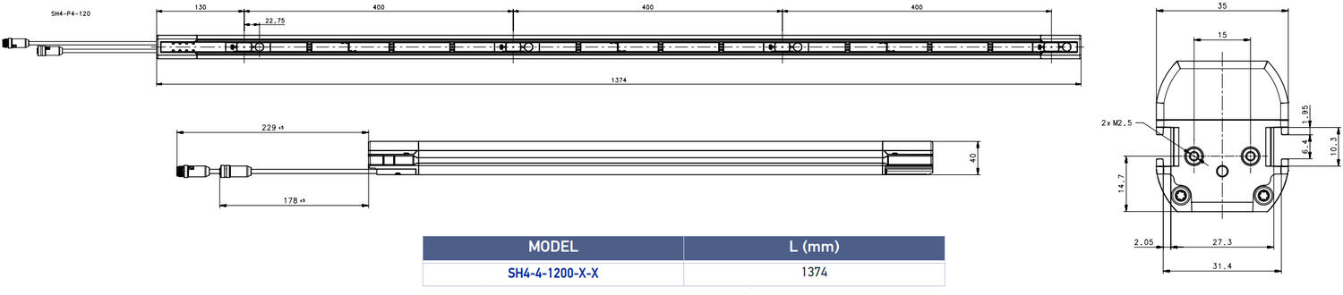 Drawing of DATASENSING SH4-4-120 with dimensions 1374 mm, detailed technical specification