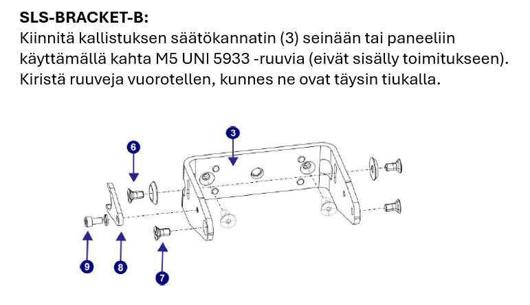 SLS-Bracket-B tilt adjustment bracket with mounting holes, designed for wall or panel installation using M5 screws